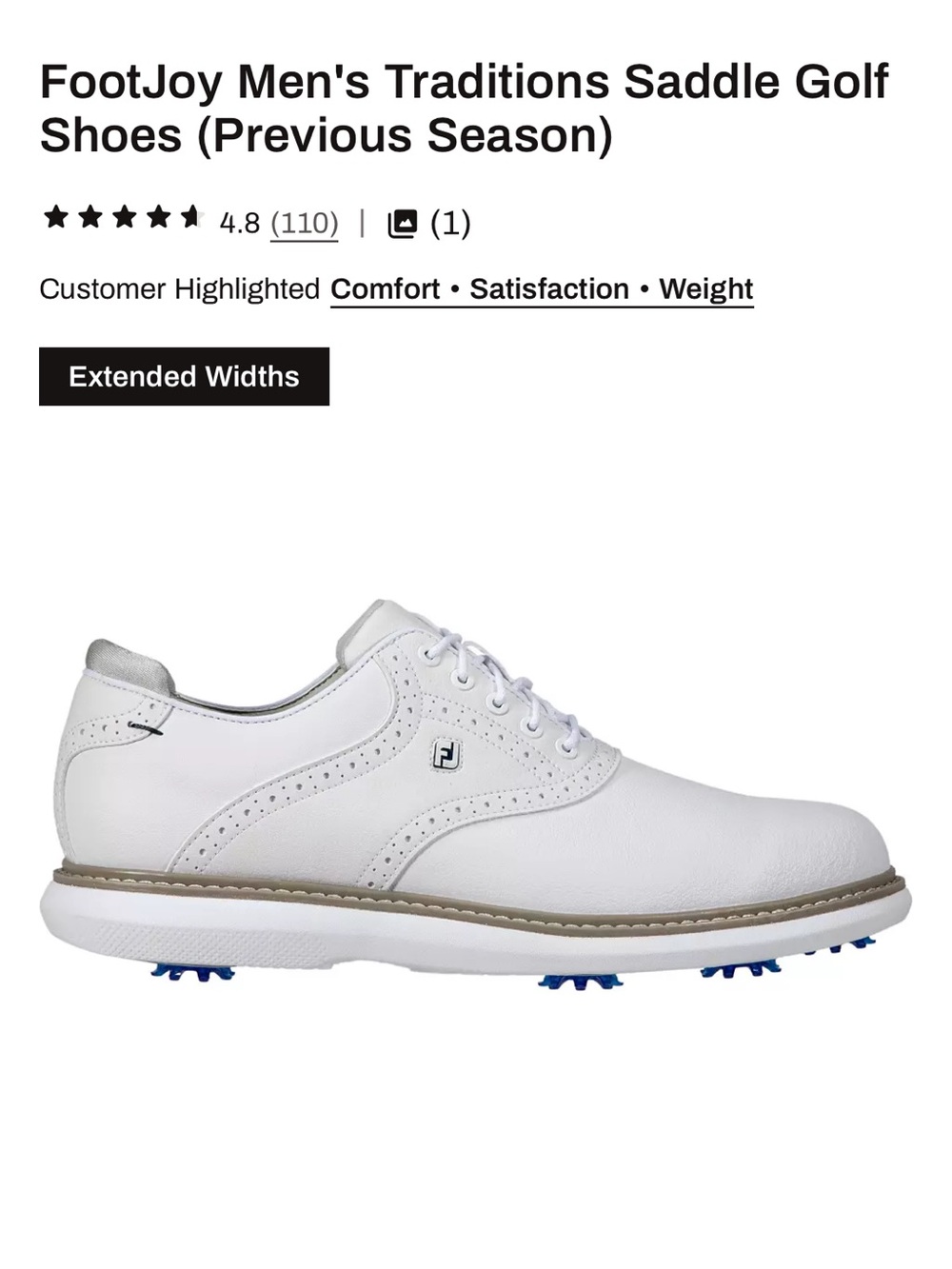 FootJoy Men's Traditions Saddle Golf Shoes - White with Blue Spikes Size 12 W